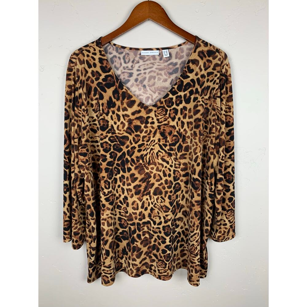 Susan Graver Leopard Print Blouse Liquid Knit V-Neck Top 3/4 Sleeve Women's 2X